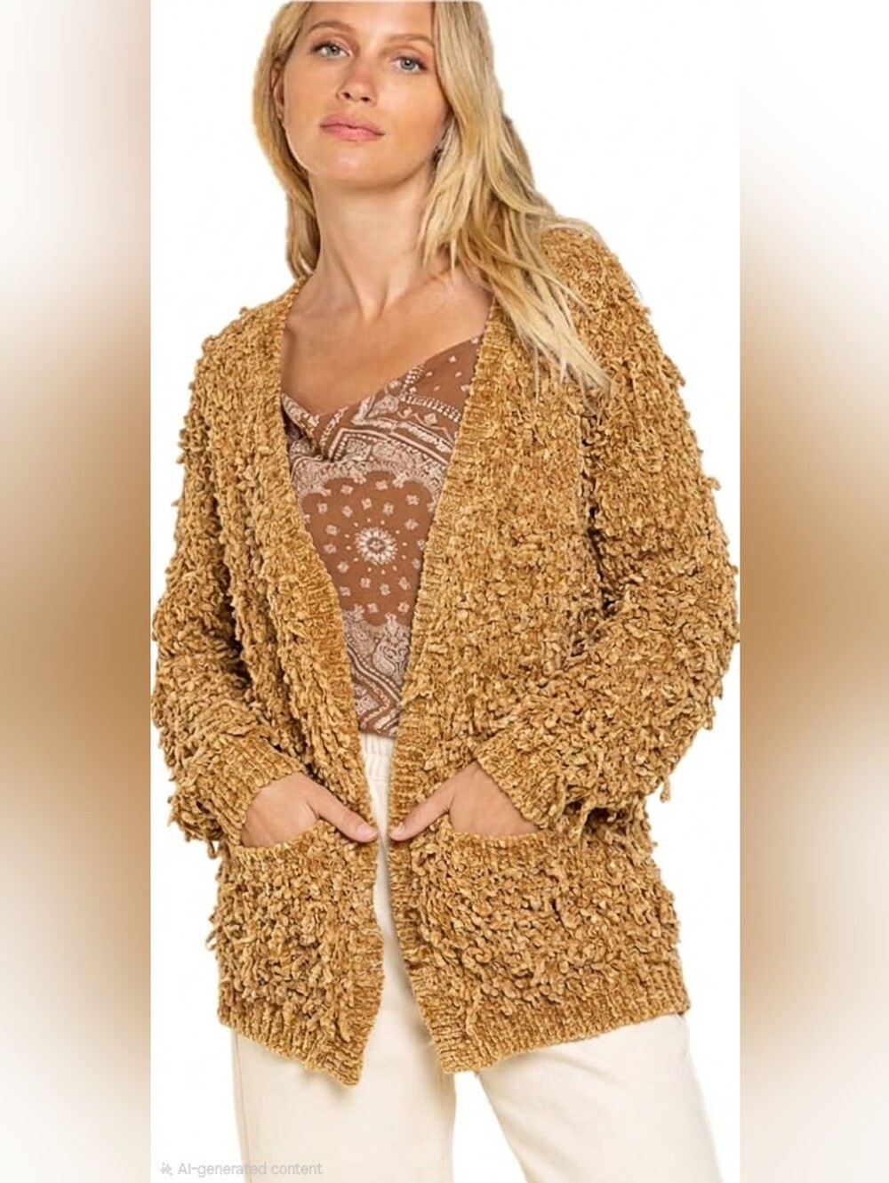 POL Clothing Shaggy Loop Fringe Knit Cardigan Sweater Camel Brown Small JST392A